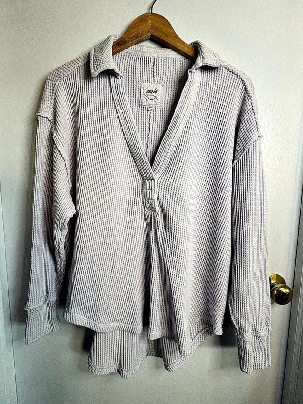 aerie Sz M LumberJane Waffle Shirt Knit Top Lightest Lavender Comfy V-Neck Boho